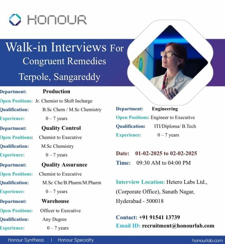 Honour Labs Limited - Walk-in for Production, QA, QC, Engineering, Warehouse on 1st & 2nd Feb 2025