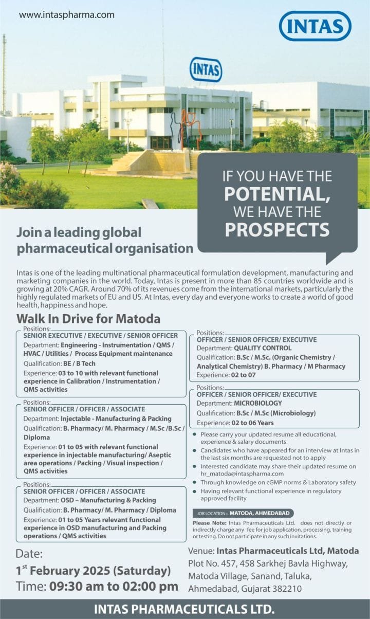 Intas Pharmaceuticals - Walk-in for Manufacturing, Packing, QC, Microbiology, Engineering on 1st Feb 2025