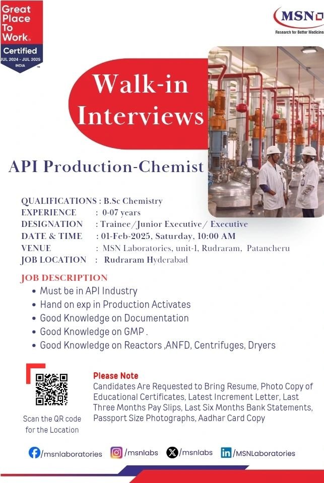 MSN Laboratories - Walk-in for Freshers and Experienced in Production, QC, Microbiology on 1st Feb 2025