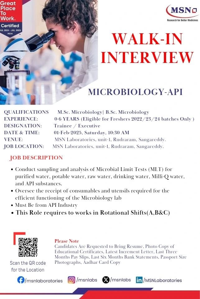 MSN Laboratories - Walk-in for Freshers and Experienced in Production, QC, Microbiology on 1st Feb 2025