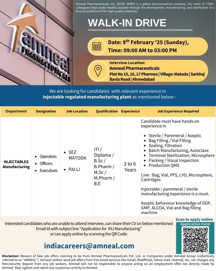  Amneal Pharma - Walk-in for ITI, Diploma, BSc, MSc, B Pharm, M Pharm, BE candidates on 9th Feb 2025