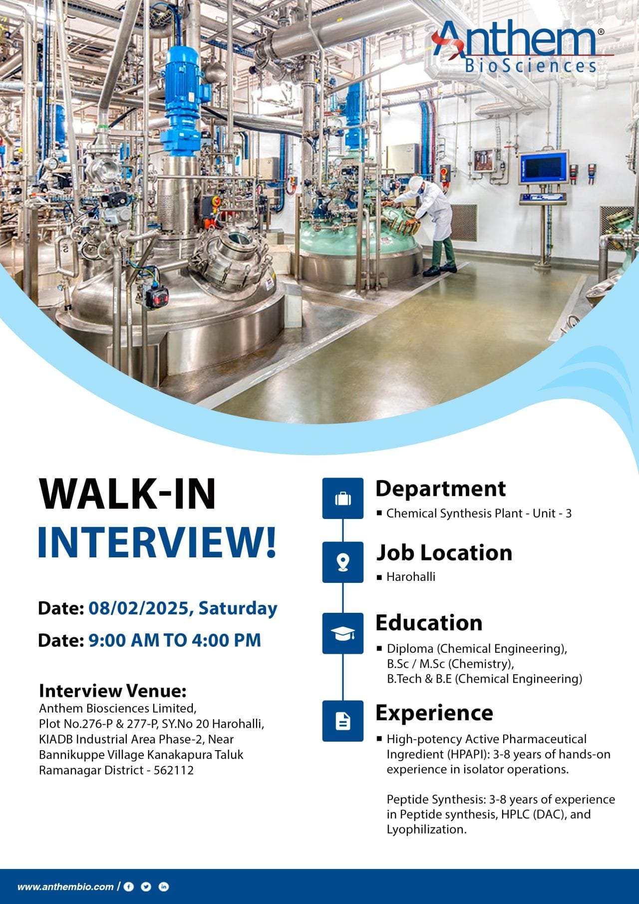 Anthem Biosciences - Walk-in for Diploma, BSc, MSc, B Tech, BE candidates on 8th Feb 2025