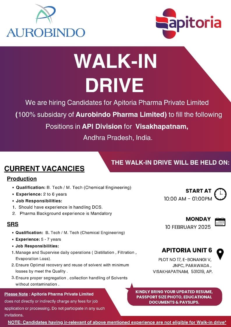 Apitoria Pharma - Walk-in interview for Production/ SRS on 10th Feb 2025
