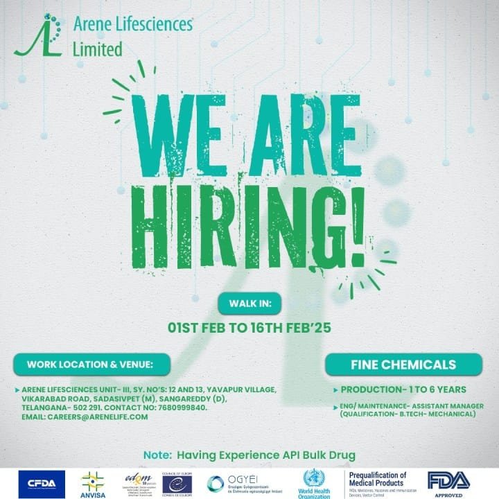 Arene Lifesciences - Walk-in for Production, Engineering on 2nd - 16th Feb 2025