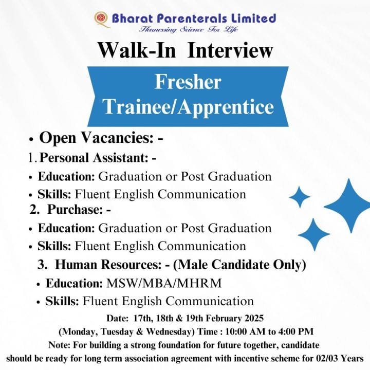 Bharat Parenterals - Walk-in interview for Freshers & Experienced on 17th - 19th Feb 2025