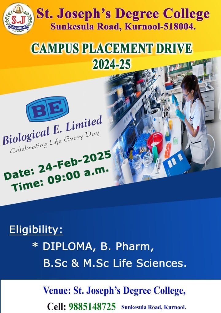 Biological E Limited conducting campus placement drive for Freshers on 24th Feb 2025