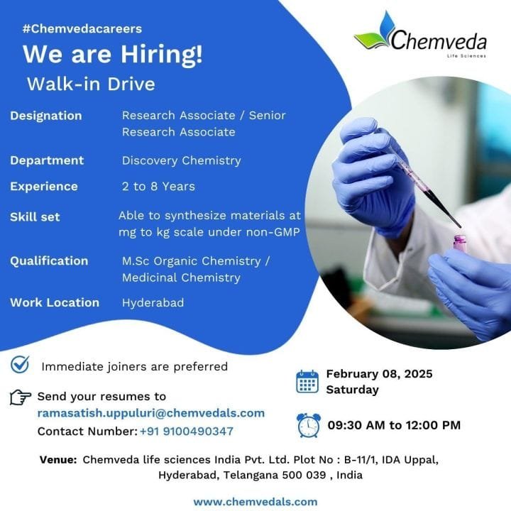 Chemveda Lifesciences - Walk-in for Research Associate/ Sr. Research Associate on 8th Feb 2025