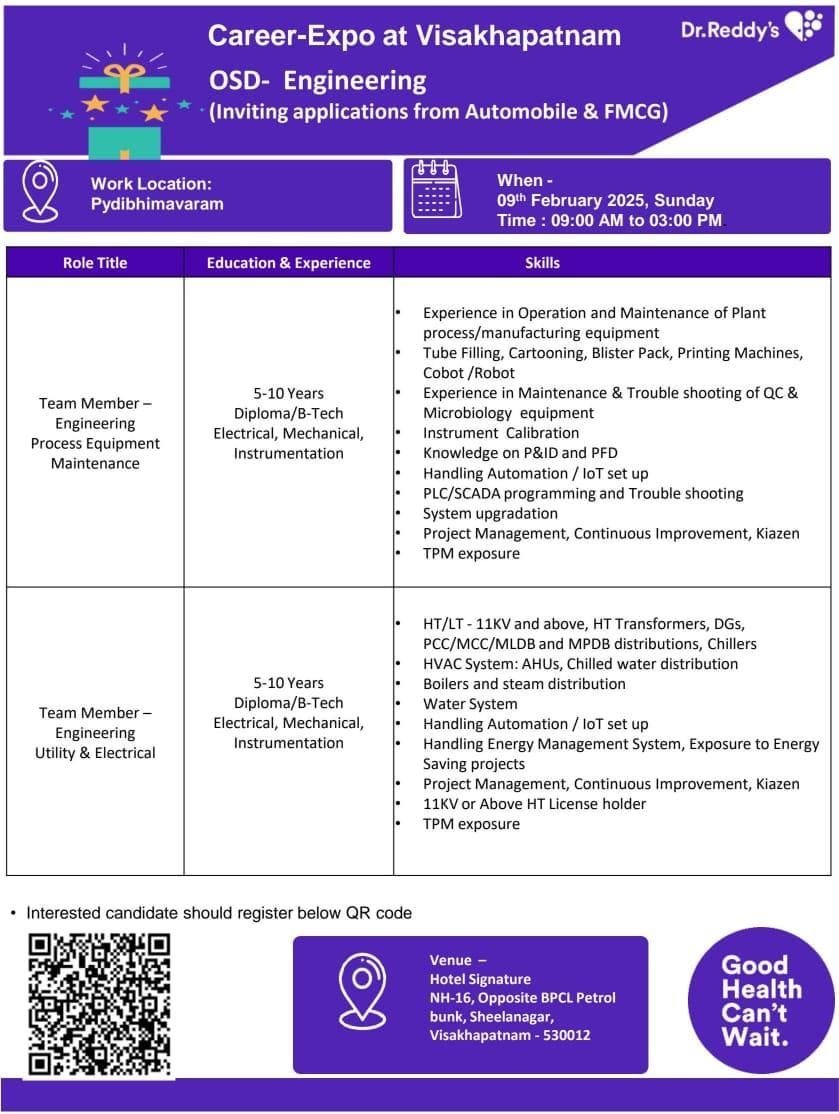 Dr. Reddy's Laboratories - Walk-in for Engineering on 9th Feb 2025