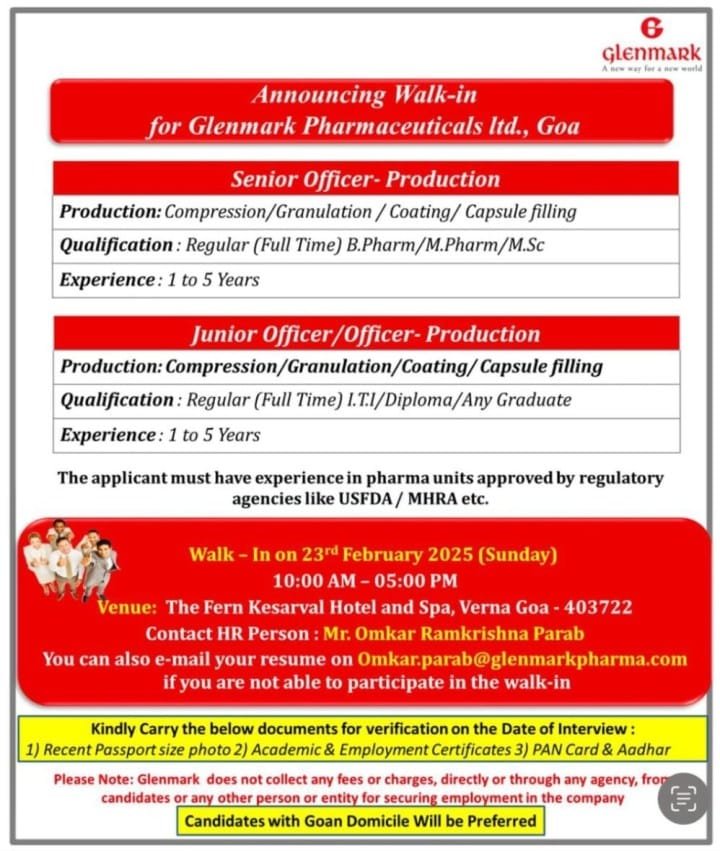 Glenmark Pharmaceuticals - Walk-in for ITI, Diploma, MSc, B Pharm, M Pharm, Any Graduates on 23rd Feb 2025
