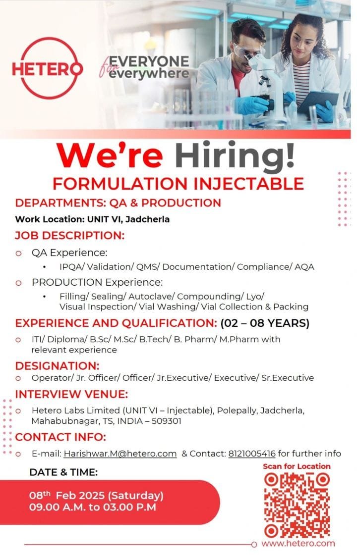 Hetero Labs - Walk-in for Production, Quality Assurance departments on 8th Feb 2025