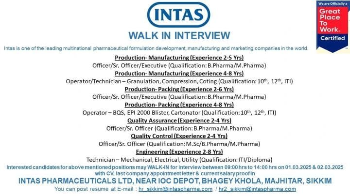 Intas Pharmaceuticals - Walk-in for Production, Packing, QA, QC, Engineering on 1st & 2nd Mar 2025