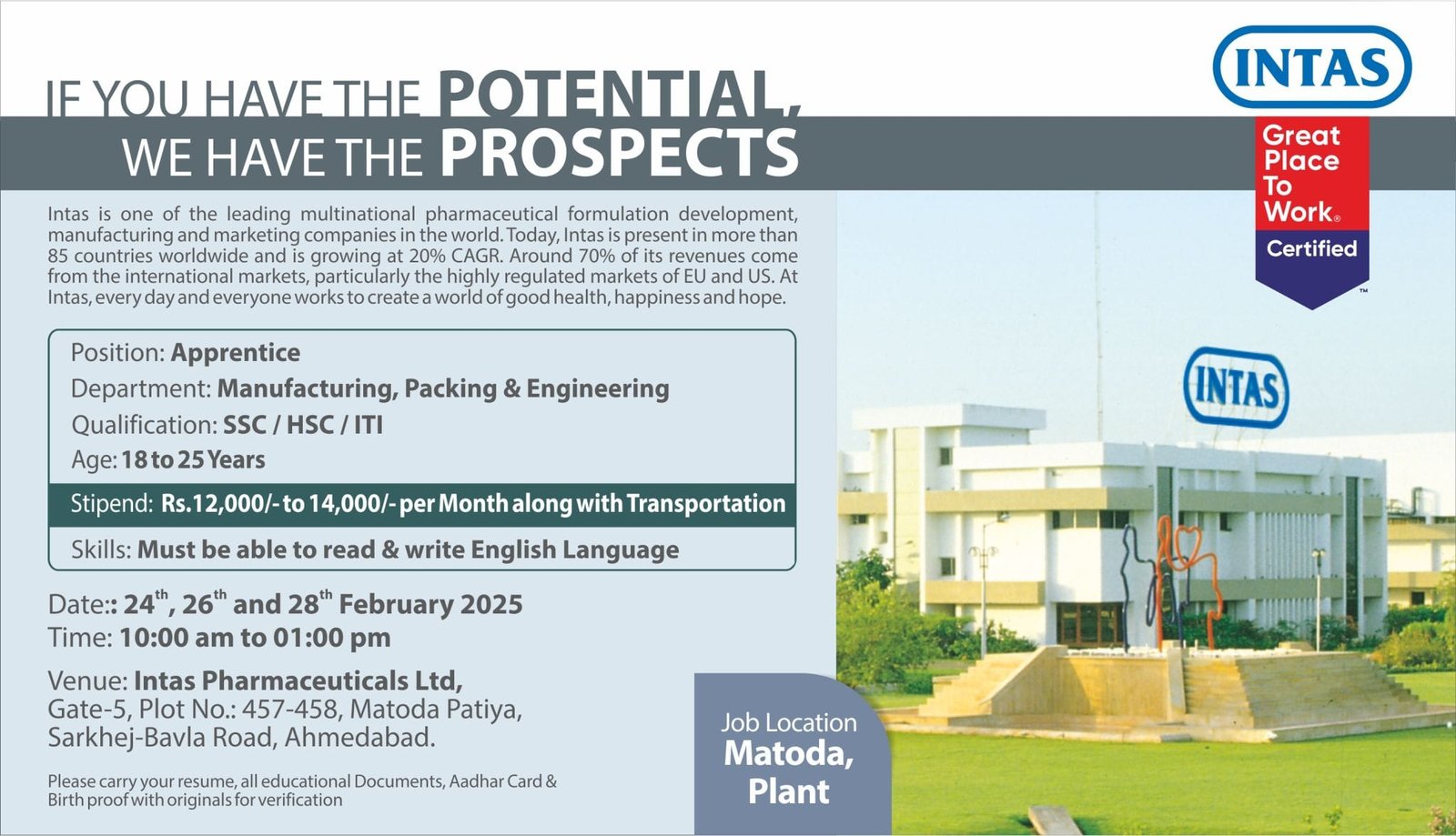 Intas Pharmaceuticals recruitment | Walk-in for Freshers on 26th & 28th Feb 2025