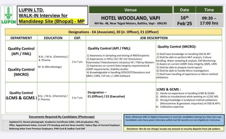 Lupin Limited - Walk-in interview for Quality Control on 16th Feb 2025