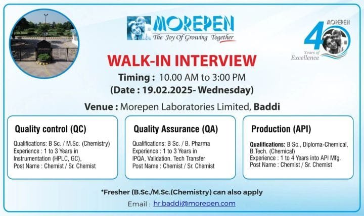Morepen Laboratories - Walk-in for Production, QA, QC & B.Sc., M.Sc. Freshers on 19th Feb 2025