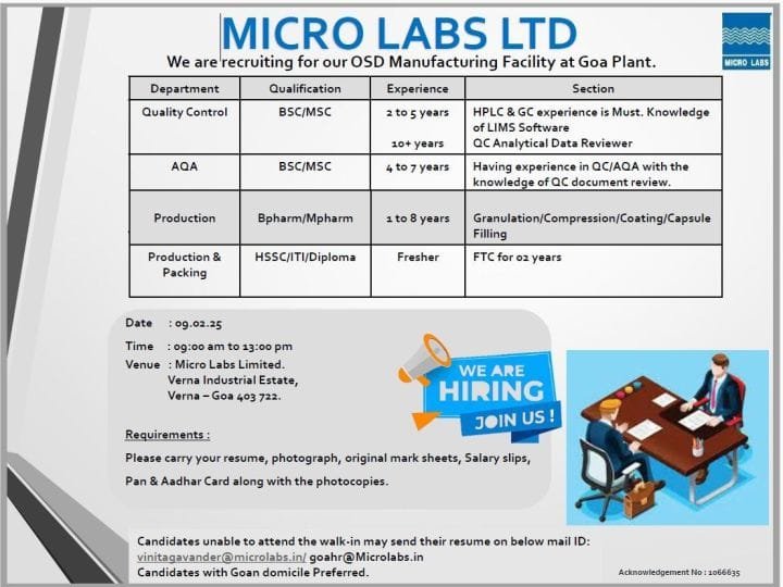 Micro Labs Limited - Walk-in for Production, Packing, AQA, QC on 9th Feb 2025