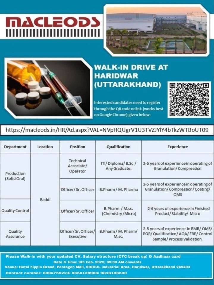  Malceods Pharma - Walk-in drive for Production/ QA/ QC on 9th Feb 2025