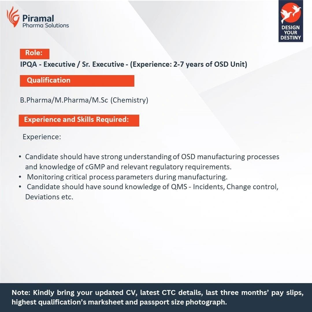 Piramal Pharma Ltd - Walk-in for QA/ QC on 9th Feb 2025