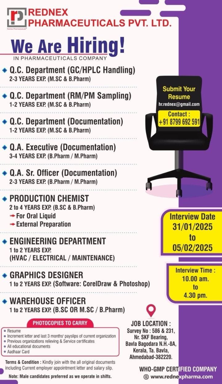 Rednex Pharmaceuticals - Walk-in for Production, QA, QC, Engineering, Warehouse, Graphic Designer on 2nd - 5th Feb 2025
