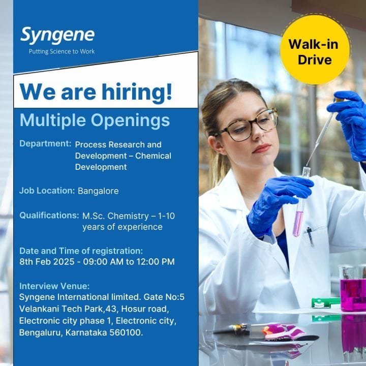Syngene International - Walk-in for Scientist roles on 8th Feb 2025