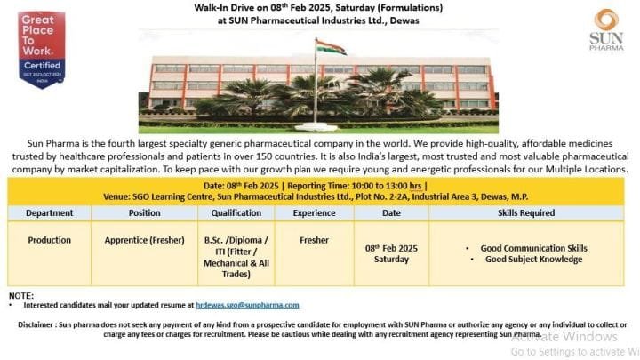 Sun Pharma - Walk-in interview for Freshers on 8th Feb 2025