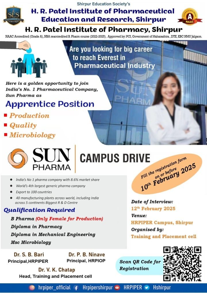 Sun Pharma conducting campus placement drive for Freshers on 12th Feb 2025