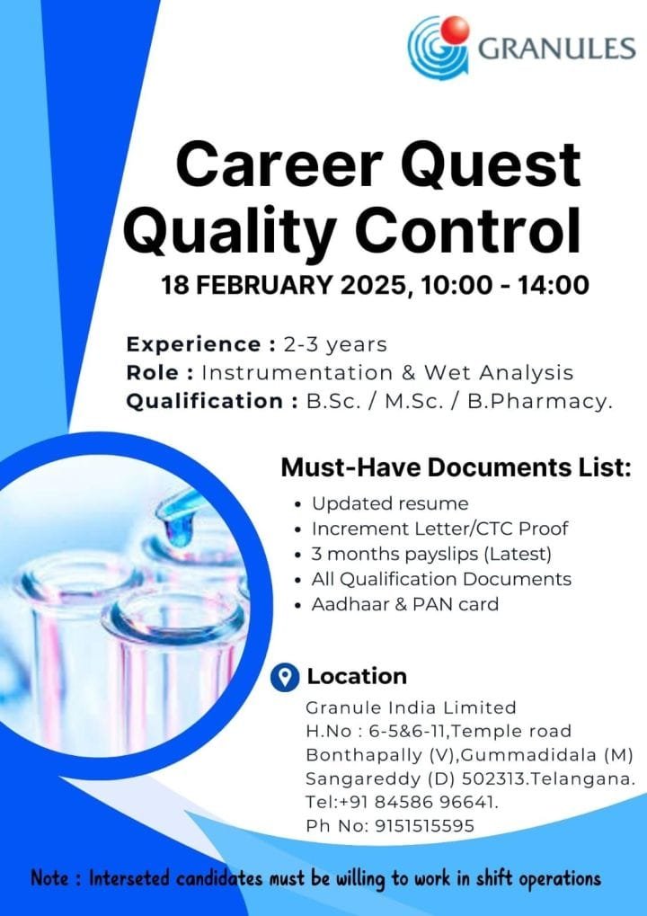 Granules India - Walk-in for Quality Control department on 18th Feb 2025