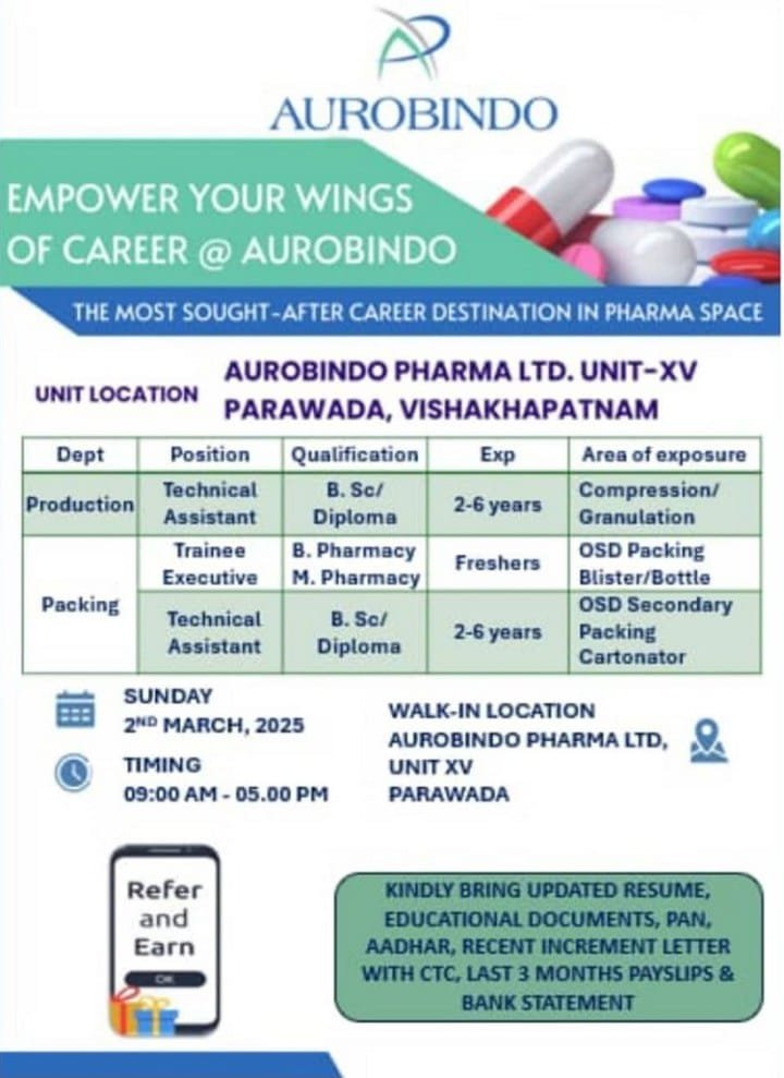 Aurobindo Pharma Ltd - Walk-in for Freshers & Experience candidates on 2nd Mar 2025