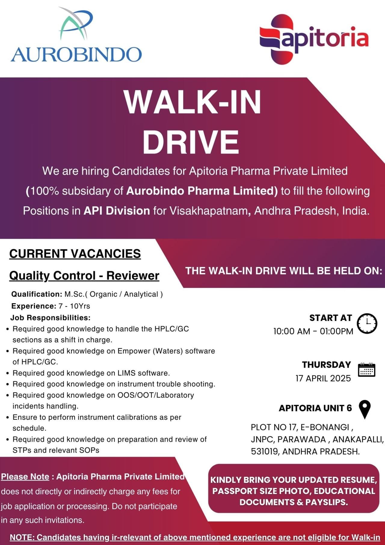 Apitoria Pharma (Aurobindo) - Walk-in for Quality Control department on 17th Apr 2025