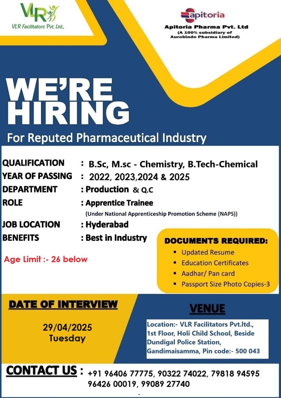 Apitoria Pharma - Walk-in interview for Freshers on 29th Apr 2025