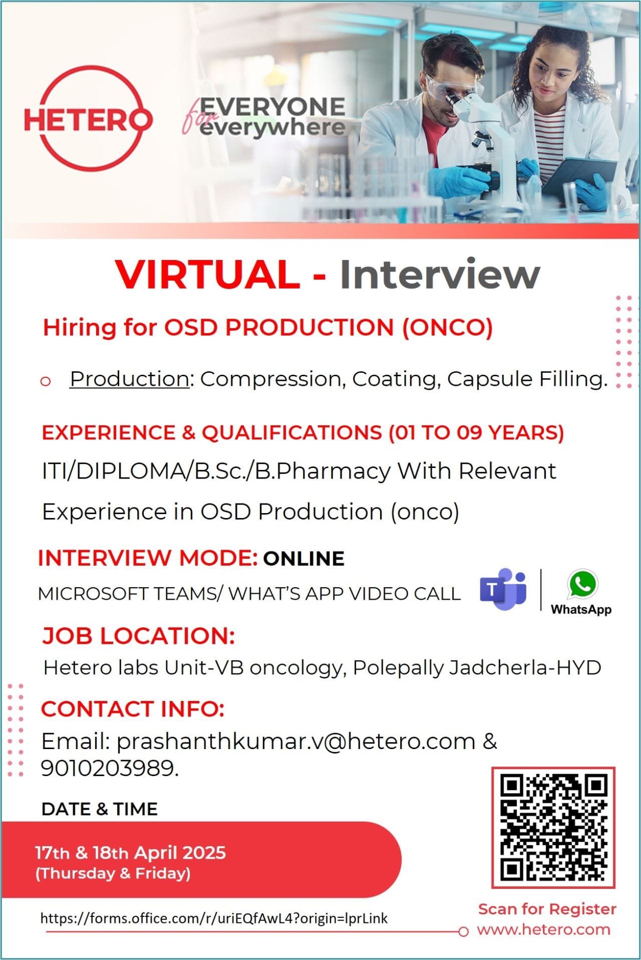 Hetero conducting virtual walk-in | ITI, Diploma, B.Sc., B Pharm Candidates can attend