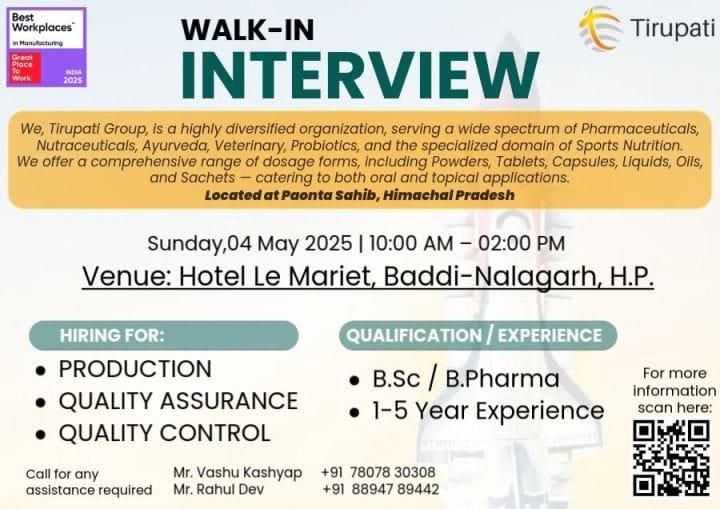 Tirupati Medicare Ltd - Walk-in for Production, QA, QC on 4th May 2025