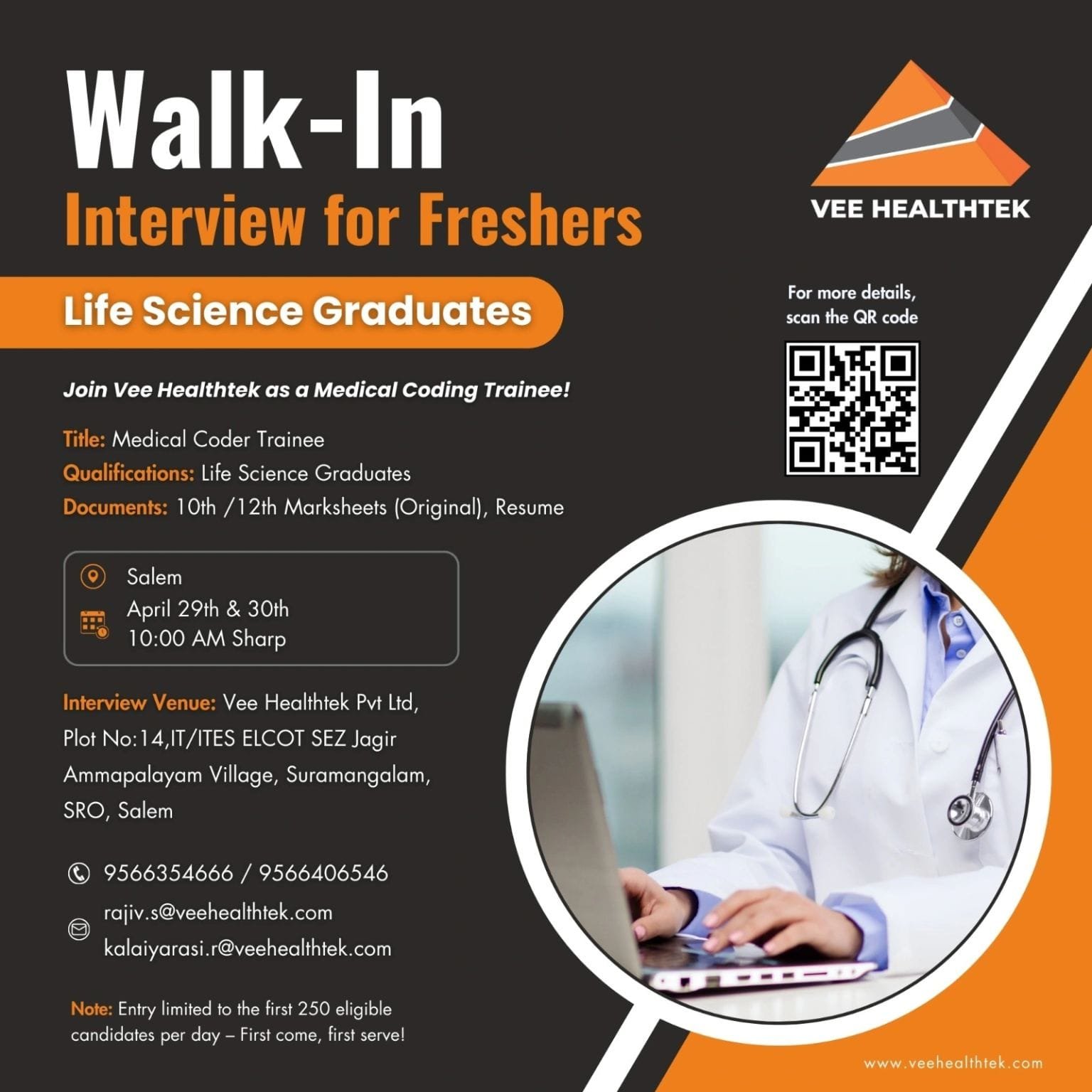 Vee Healthtek - Walk-in for Medical coding Freshers on 29th & 30th Apr 2025