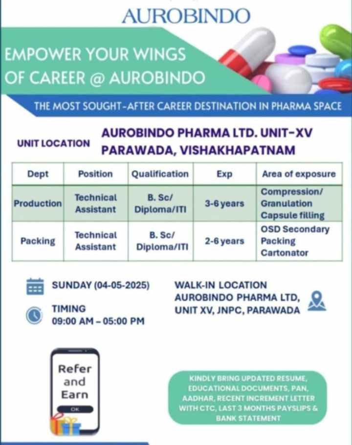 Aurobindo Pharma - Walk-in for Production, Packing on 4th May 2025