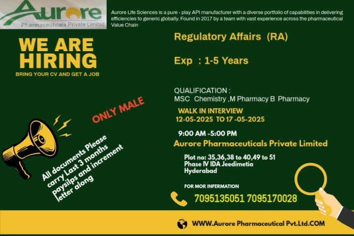Aurore Pharmaceuticals - Walk-in drive for Engineering/ Quality Control/ Regulatory Affairs on 13th - 17th May 2025