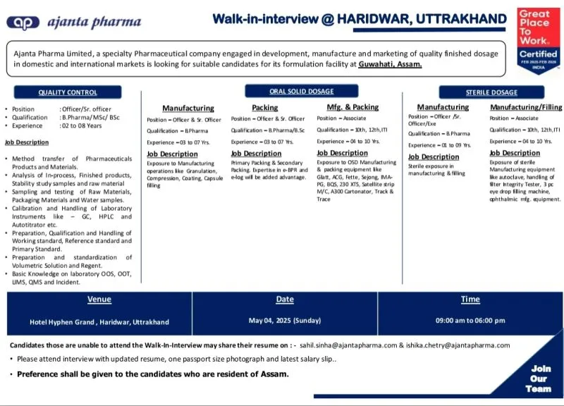 Ajantha Pharma - Walk-in interview for Manufacturing/ Packing/ QC on 4th May 2025
