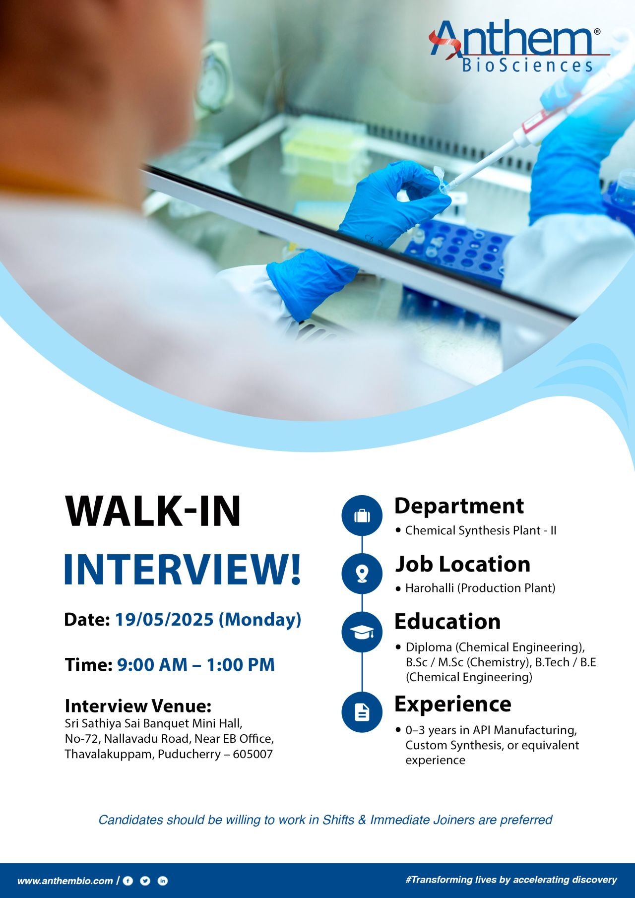 Anthem Biosciences - Walk-in for Diploma, BSc, MSc, B Tech, BE Freshers & Experienced candidates on 19th May 2025