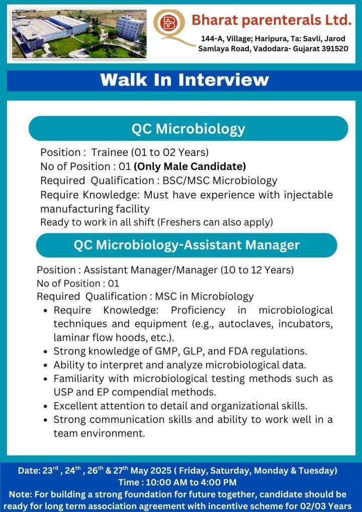 Bharat Parentals - Walk-in interviews on 23rd, 24th, 26th, 27th May 2025
