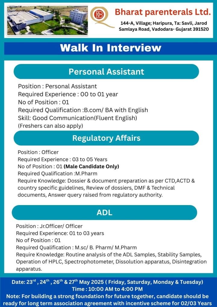 Bharat Parentals - Walk-in interviews on 23rd, 24th, 26th, 27th May 2025