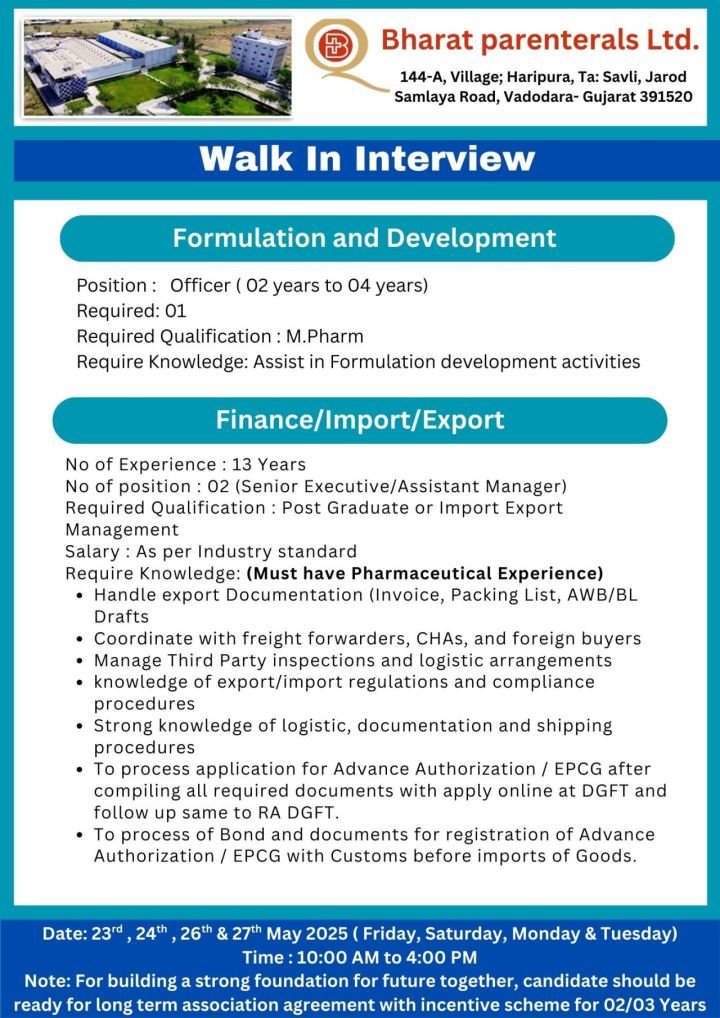 Bharat Parentals - Walk-in interviews on 23rd, 24th, 26th, 27th May 2025