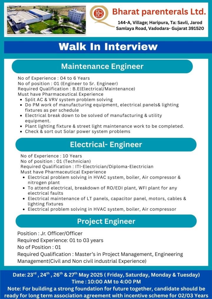 Bharat Parentals - Walk-in interviews on 23rd, 24th, 26th, 27th May 2025