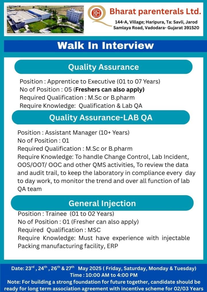 Bharat Parentals - Walk-in interviews on 23rd, 24th, 26th, 27th May 2025