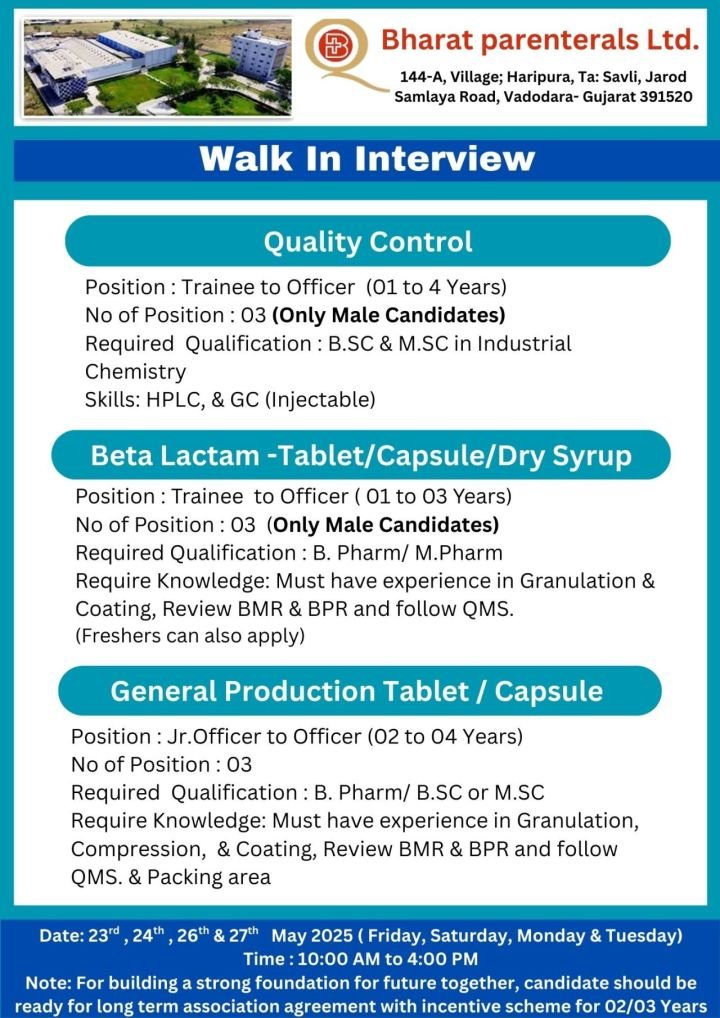 Bharat Parentals - Walk-in interviews on 23rd, 24th, 26th, 27th May 2025