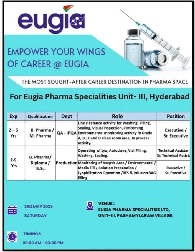 Eugia Pharma (Aurobindo) - Walk-in interview for Production, QA departments on 3rd May 2025