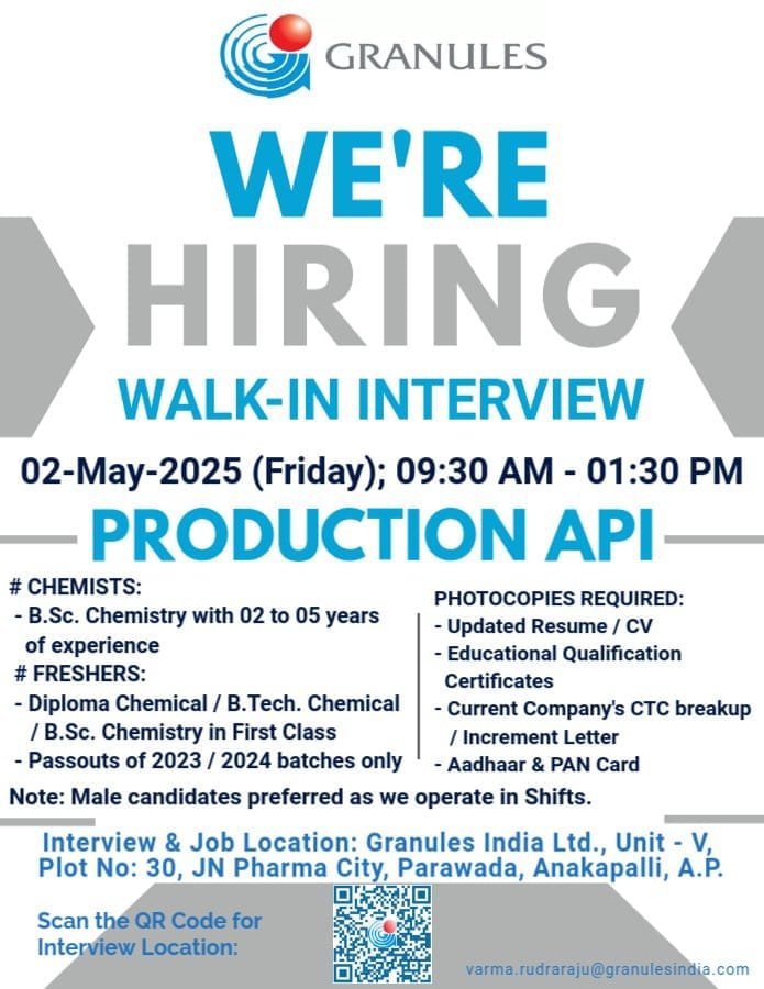 Granules India Ltd - Walk-in for Freshers and Experienced candidates on 2nd May 2025