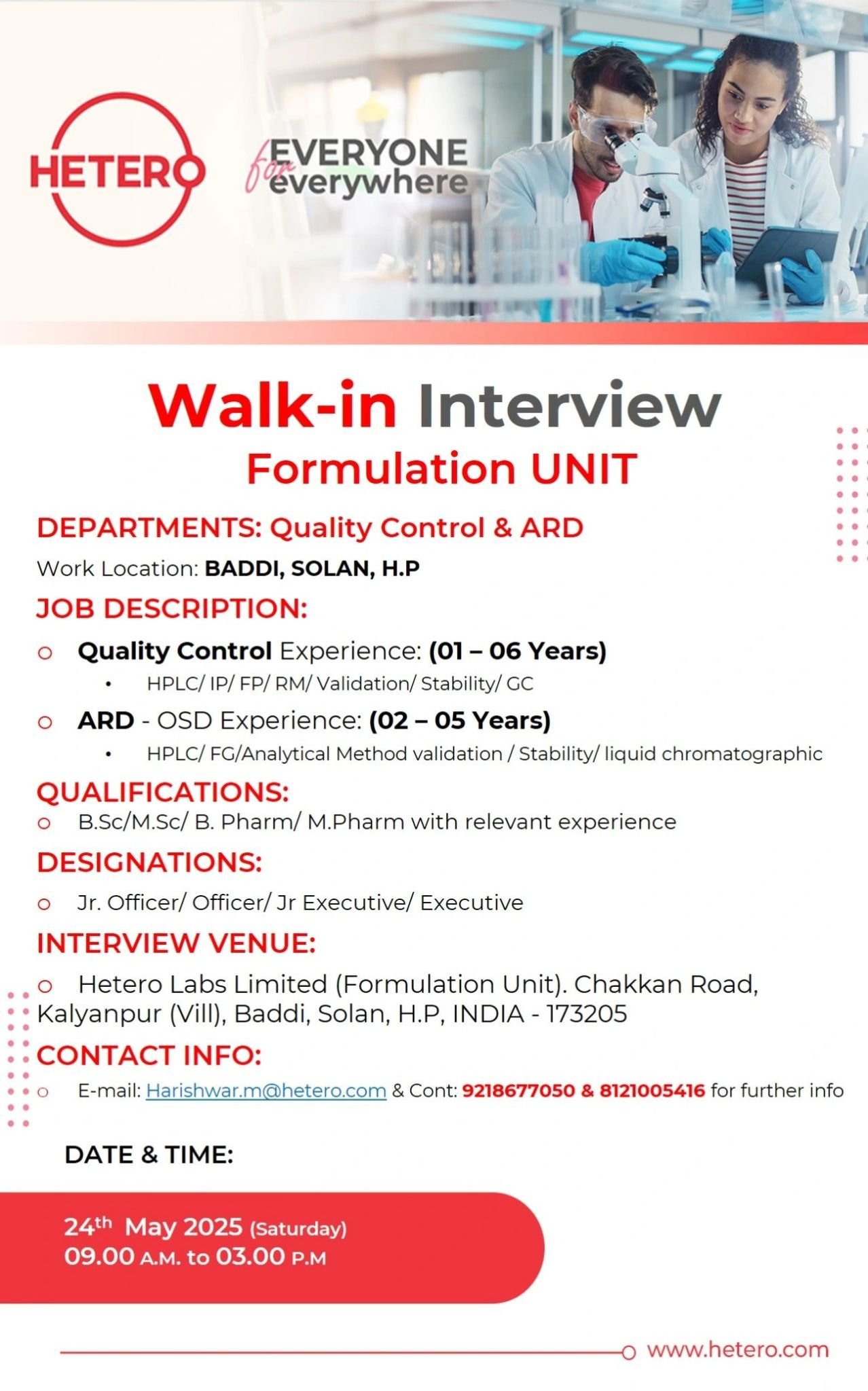 Hetero Labs Limited - Walk-in for AR&D/ QC on 24th May 2025 Hetero Labs Limited - Walk-in for AR&D/ QC on 24th May 2025