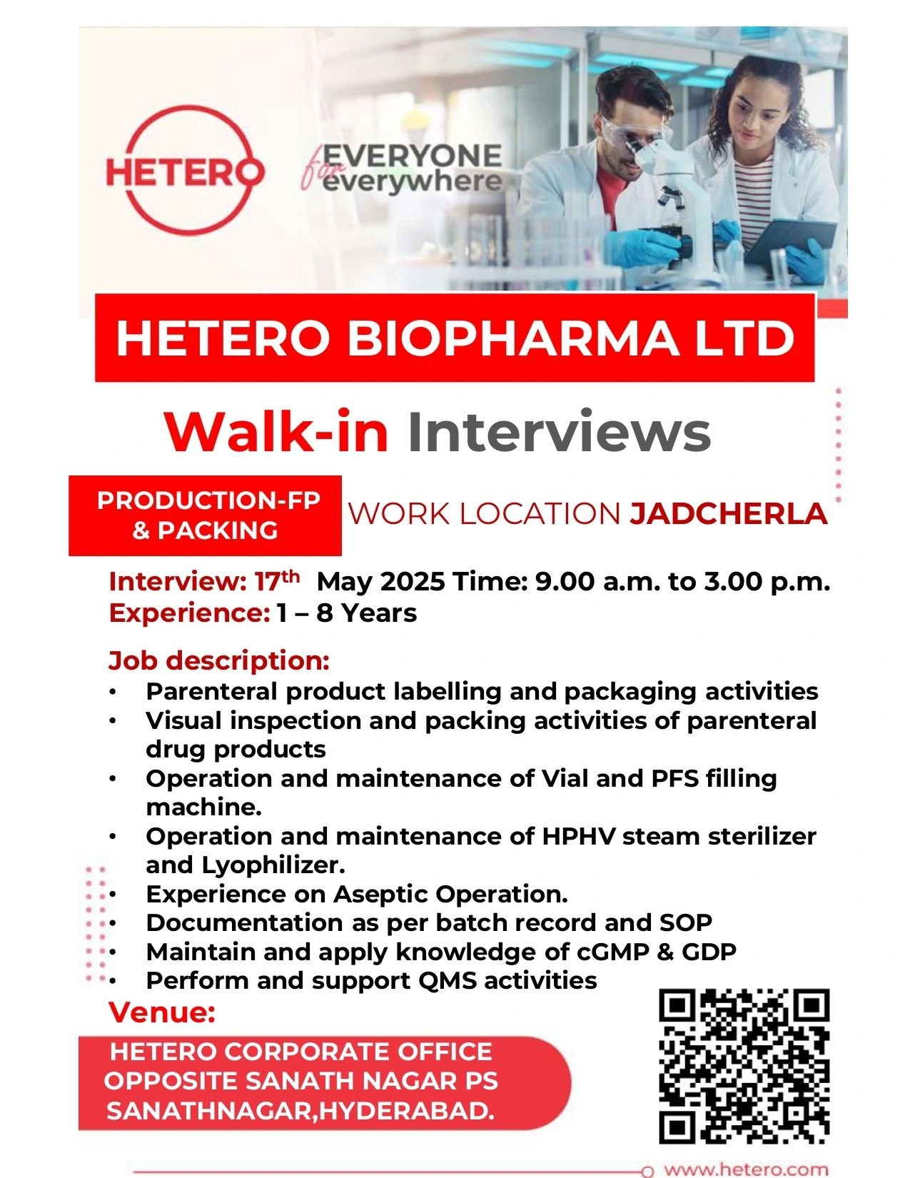 Hetero Biopharma - Walk-in for Production/ Packing on 17th May 2025