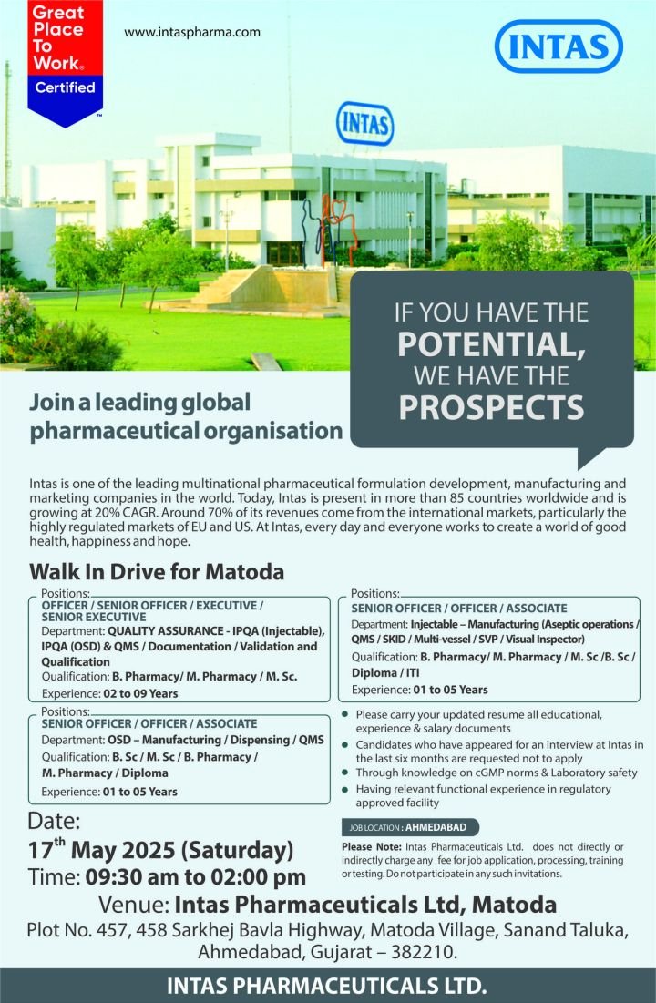 Intas Pharma - Walk-in for ITI, Diploma, BSc, MSc, B Pharm, M Pharm candidates