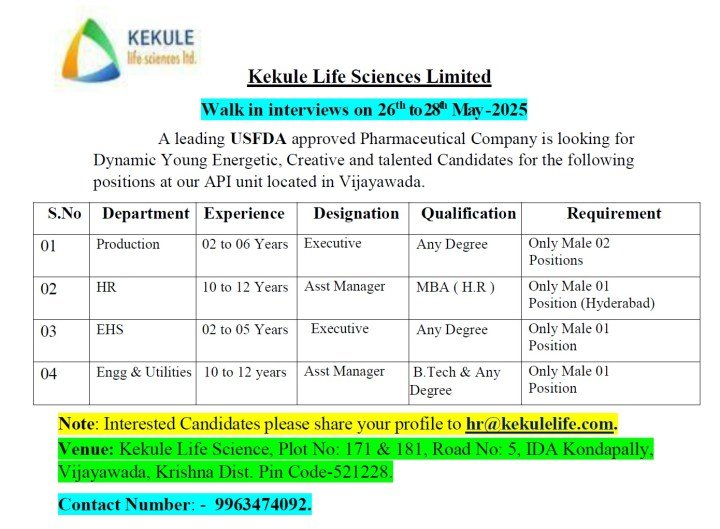 Kekule Lifesciences - Walk-in for Production, EHS, Engineering, Utility & HR departments on 26th - 28th May 2025
