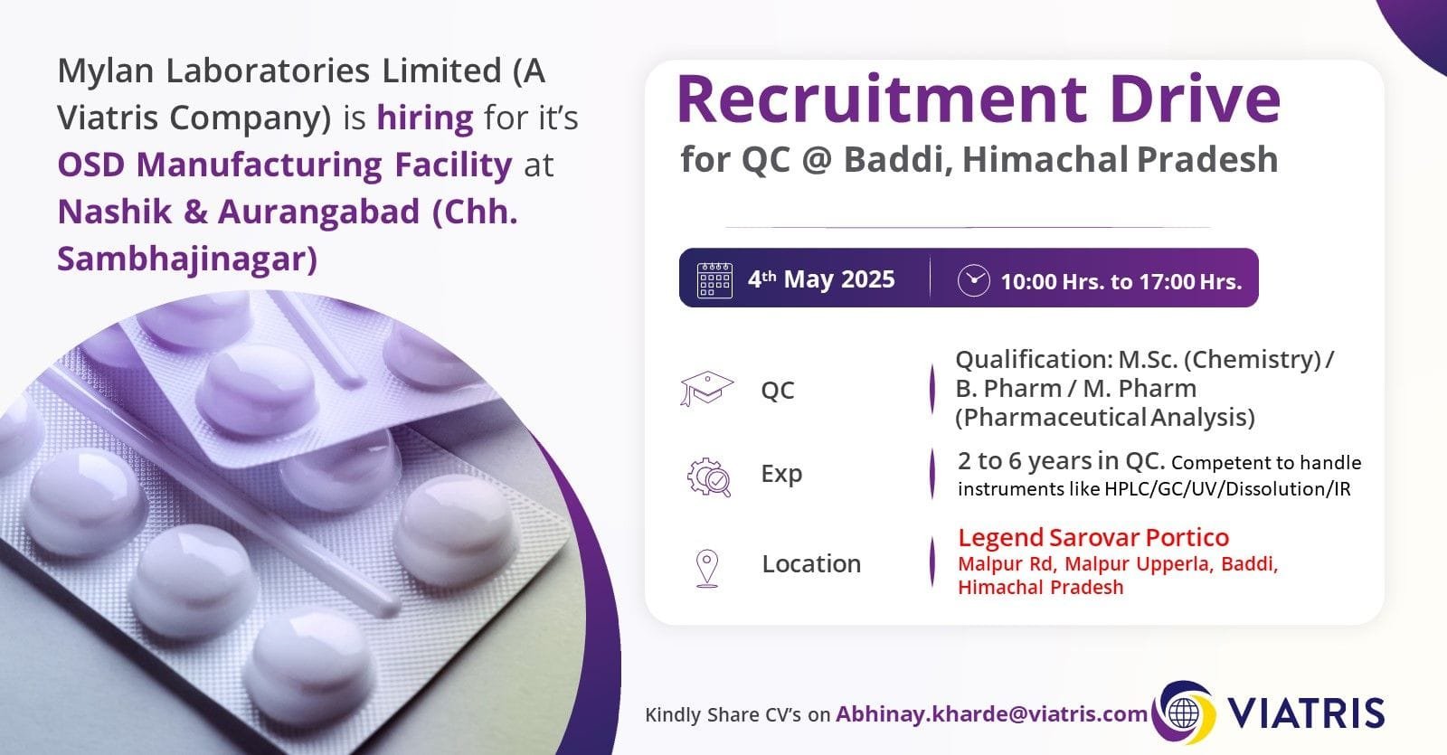 Mylan Laboratories - Walk-in for Quality Control on 4th May 2025