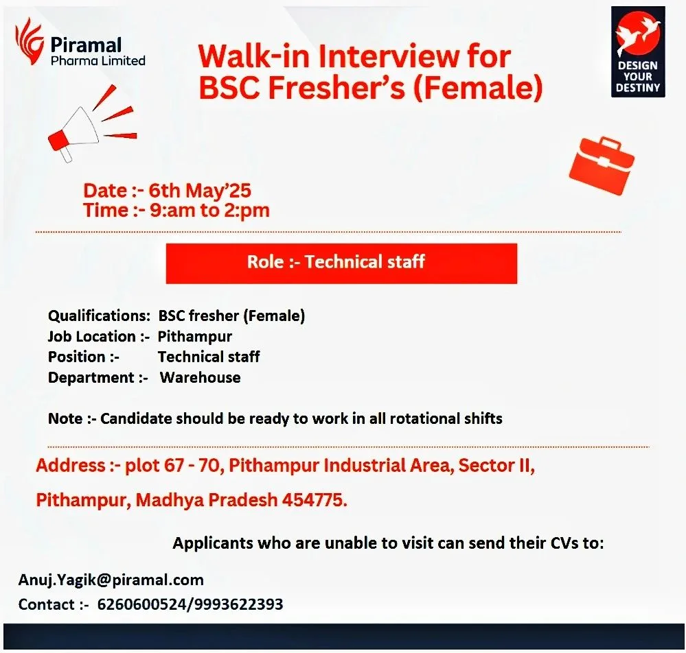 Freshers walk-in interviews at Piramal Pharma on 6th May 2025 Freshers walk-in interviews at Piramal Pharma on 6th May 2025